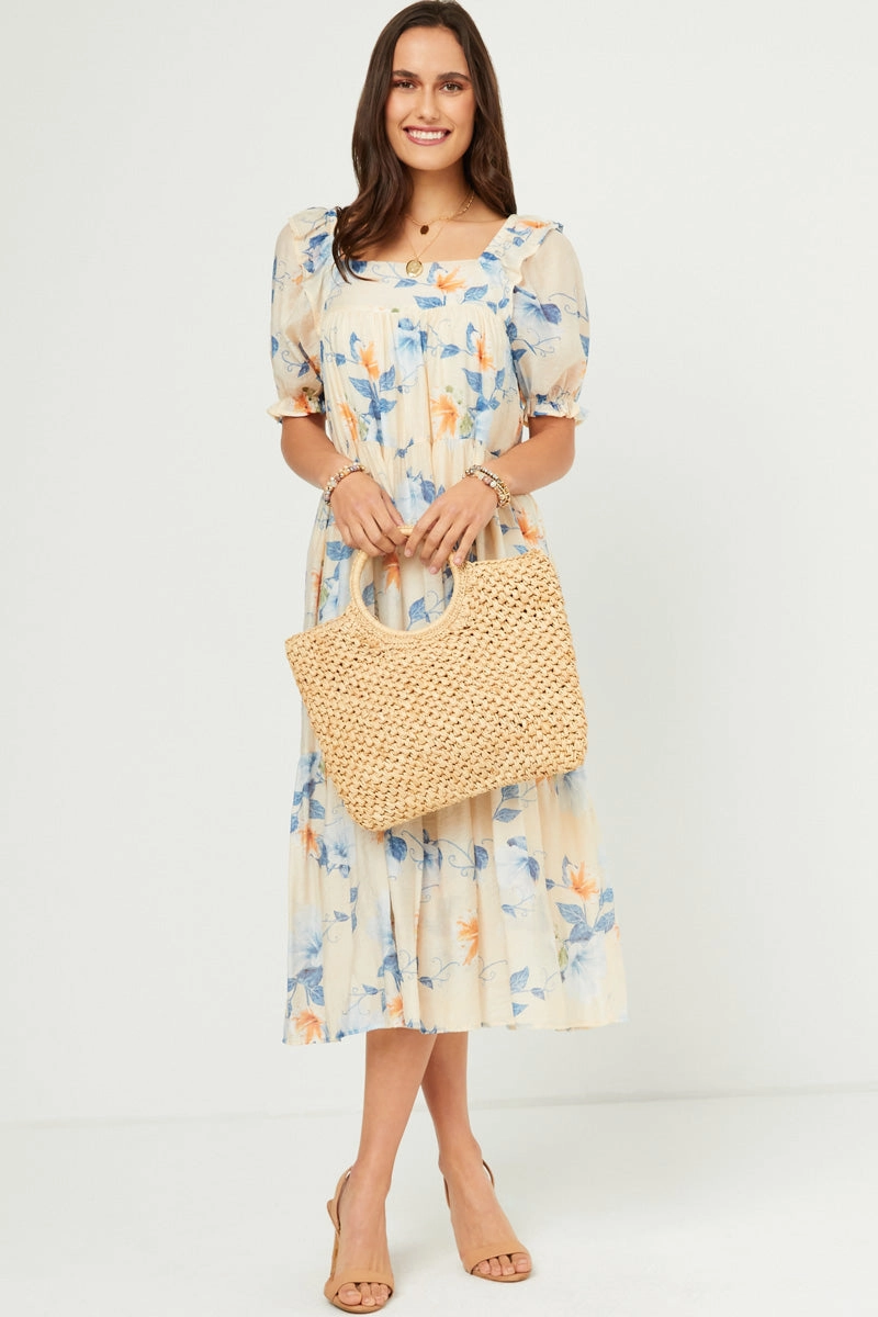 Watercolor Floral Square Neck Ruffled Shoulder Dress Empire-Waist