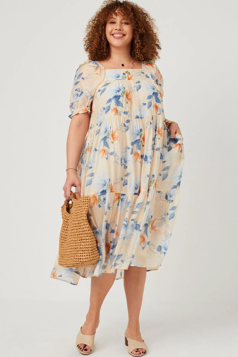 Refined Finish Watercolor Floral Square Neck Ruffled Shoulder Dress