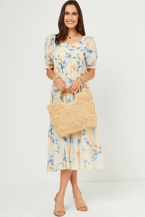 Crisp Detail Watercolor Floral Square Neck Ruffled Shoulder Dress