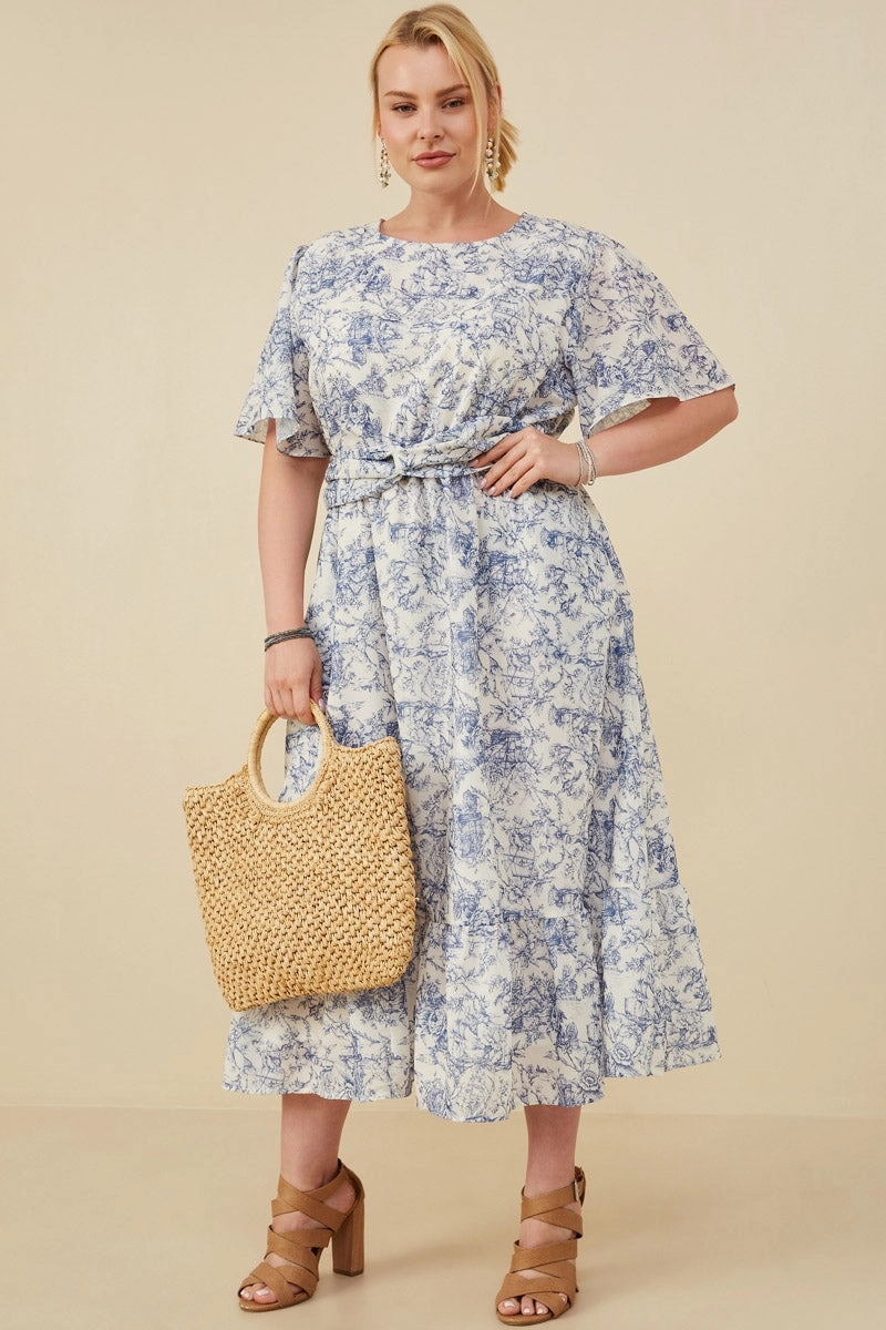 Clean Cut Front-Pocket Antique Floral Twist Waist Tie Dress