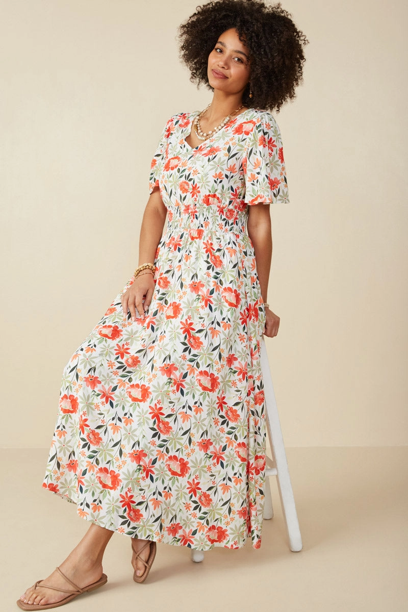 Bold Floral Smocked Waist V Neck Dress Sophisticated Edge Body Flow