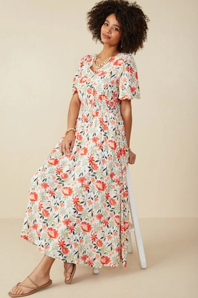 Bold Floral Smocked Waist V Neck Dress Smooth Fit