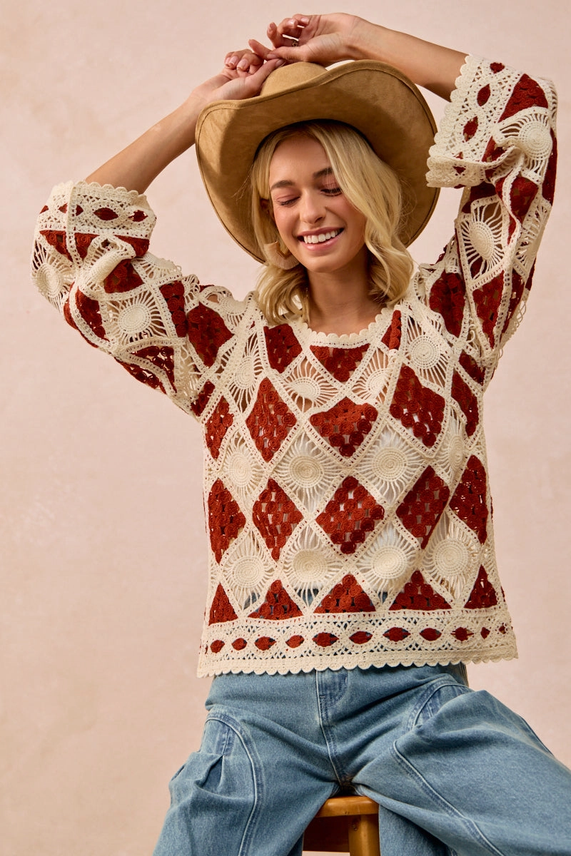 Sport Inspired Style Sporty Chic IT4411S-01 | DIAMOND CROCHET KNIT TOP