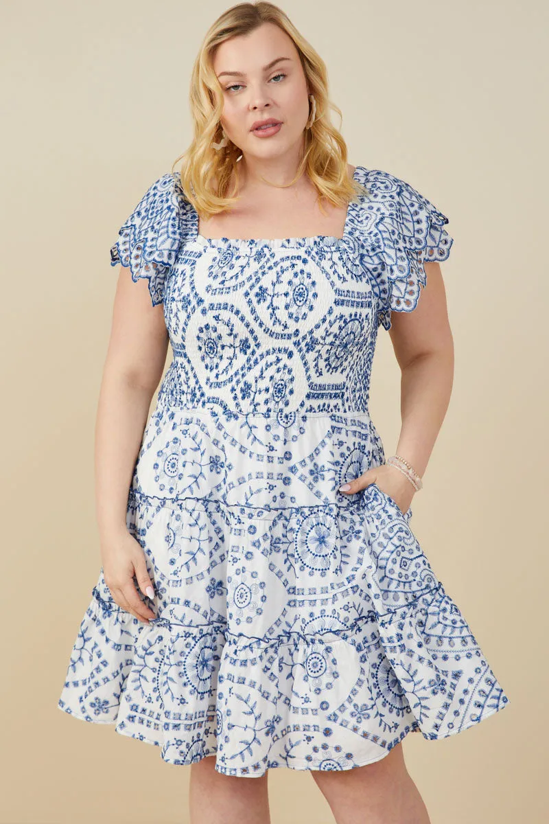 Silky Layer Eyelet Embroidered Scalloped Ruffle Dress