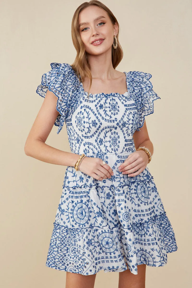 Eyelet Embroidered Scalloped Ruffle Dress Comfortable shift dress Quilted-Lining