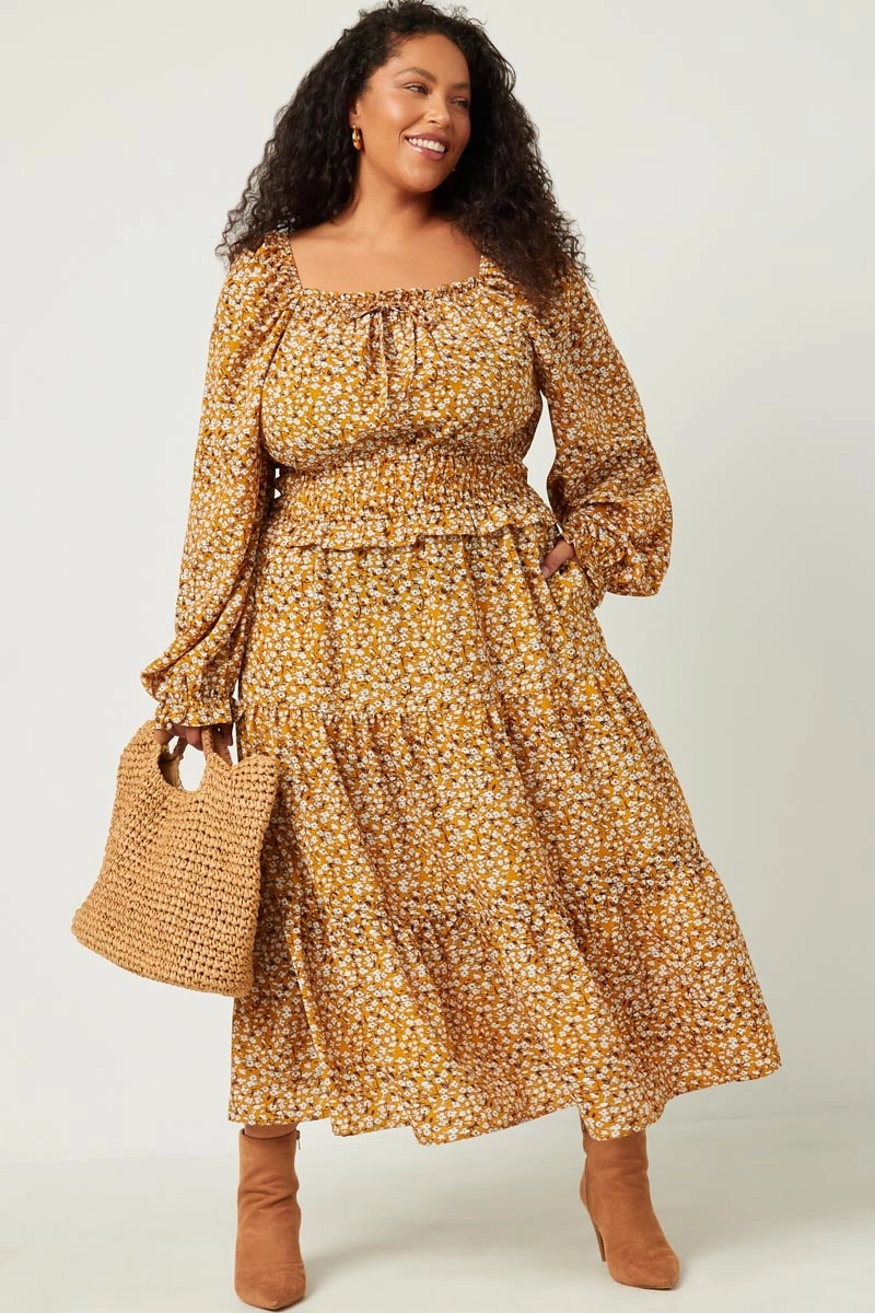 Life Soft Minimal Fit Smocked Waist Square Neck Floral Midi Dress