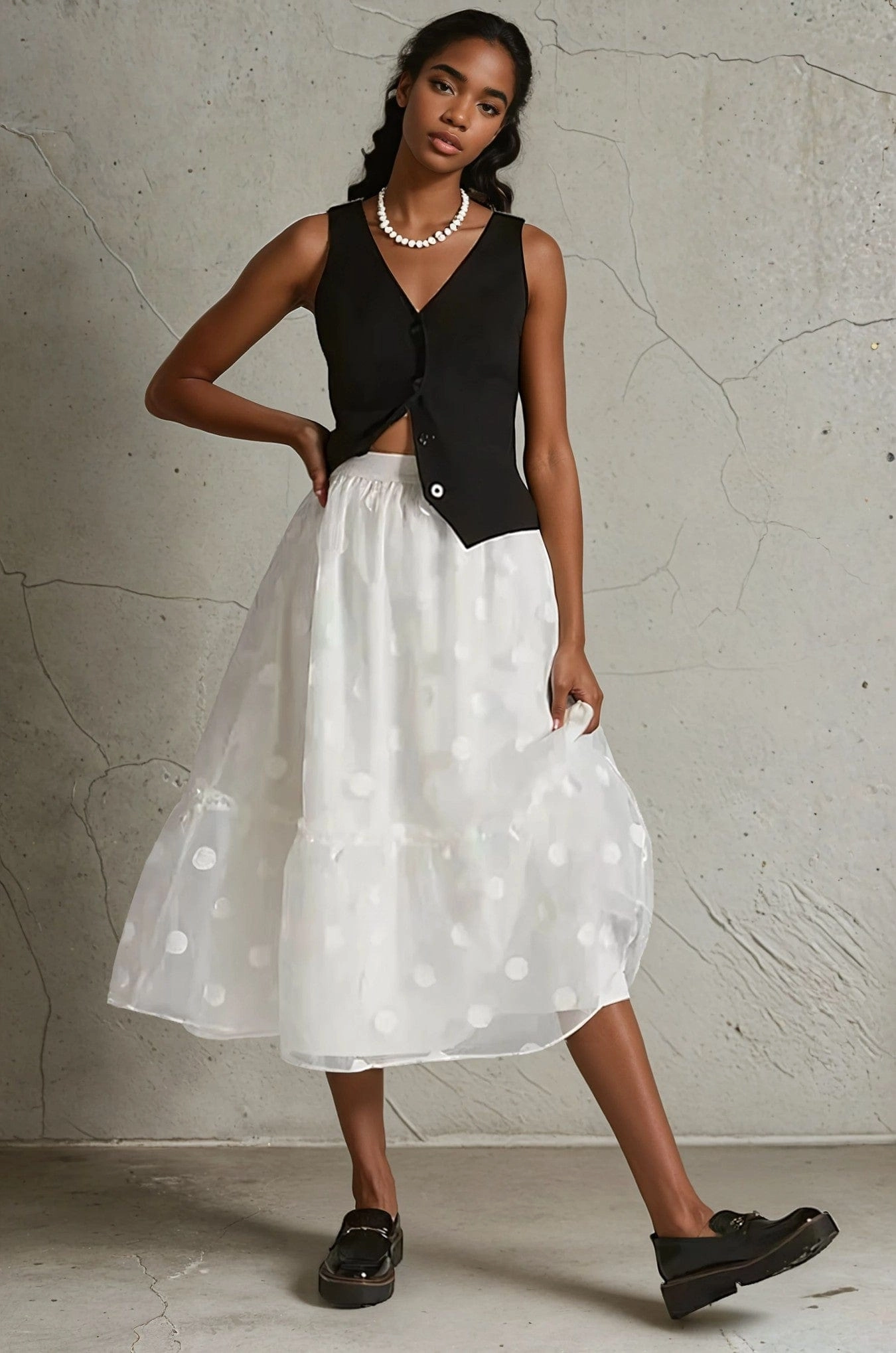 Tulle Midi Skirt - Snowflake Dot Floor Length Removable Belt