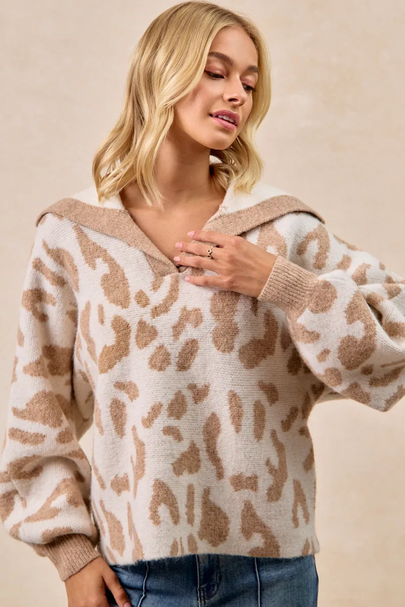 IT4523S-03 | LEOPARD SWEATER COLLARED SWEATER TOP Comfortable Feel