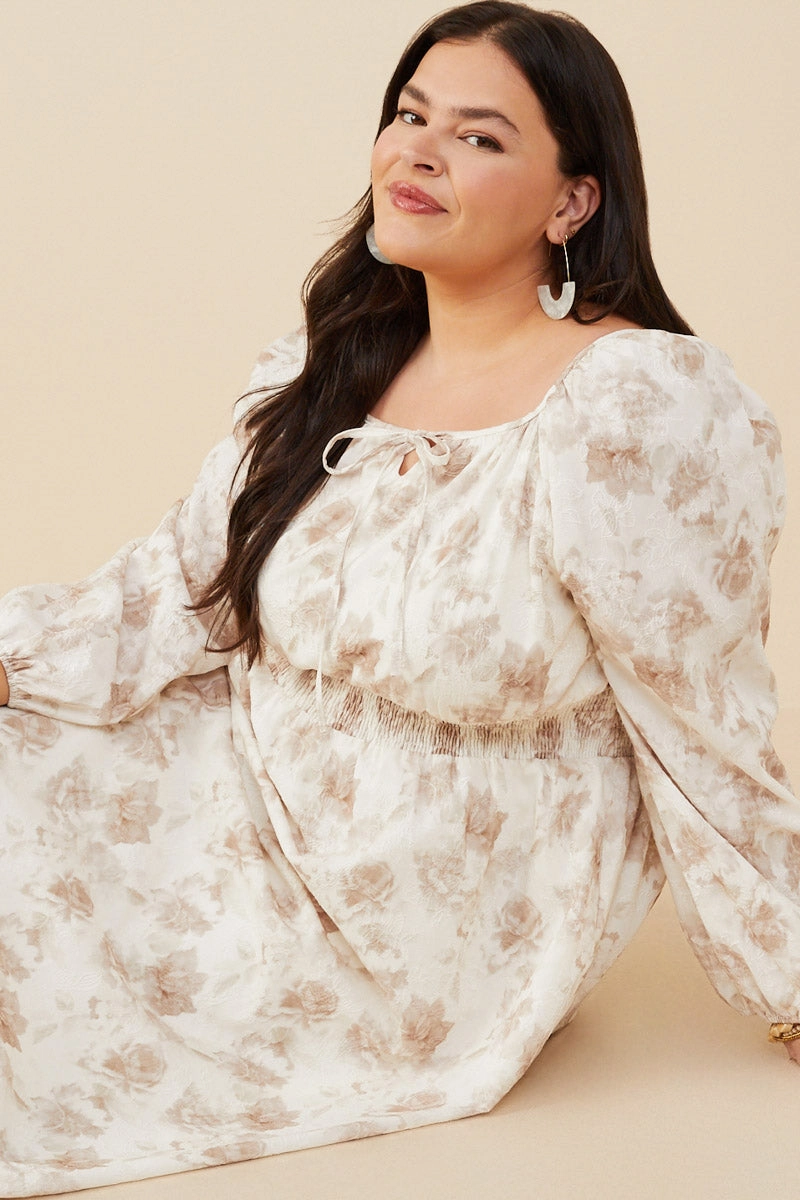 Fall Ready relaxed shape Textured Floral Smocked Waist Dress