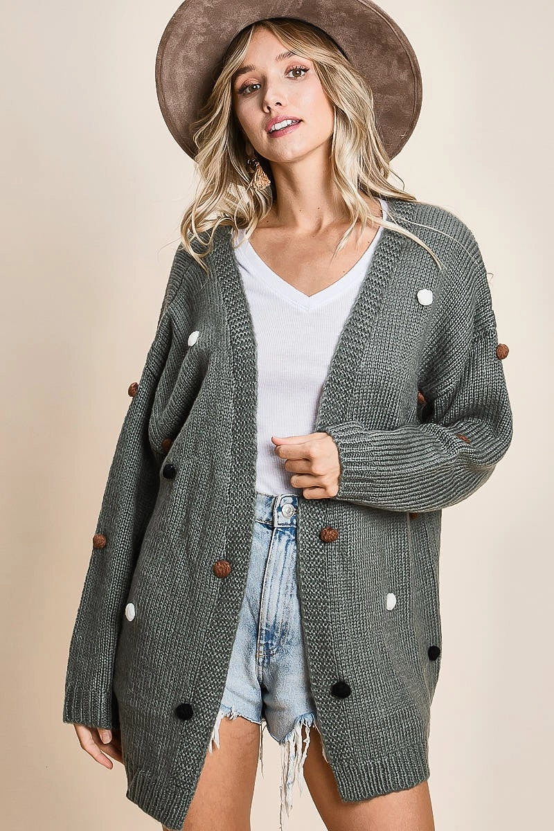 IP4187 | OPEN FRONT SWEATER CARDIGAN WITH MULTI COLOR POM Mark Style