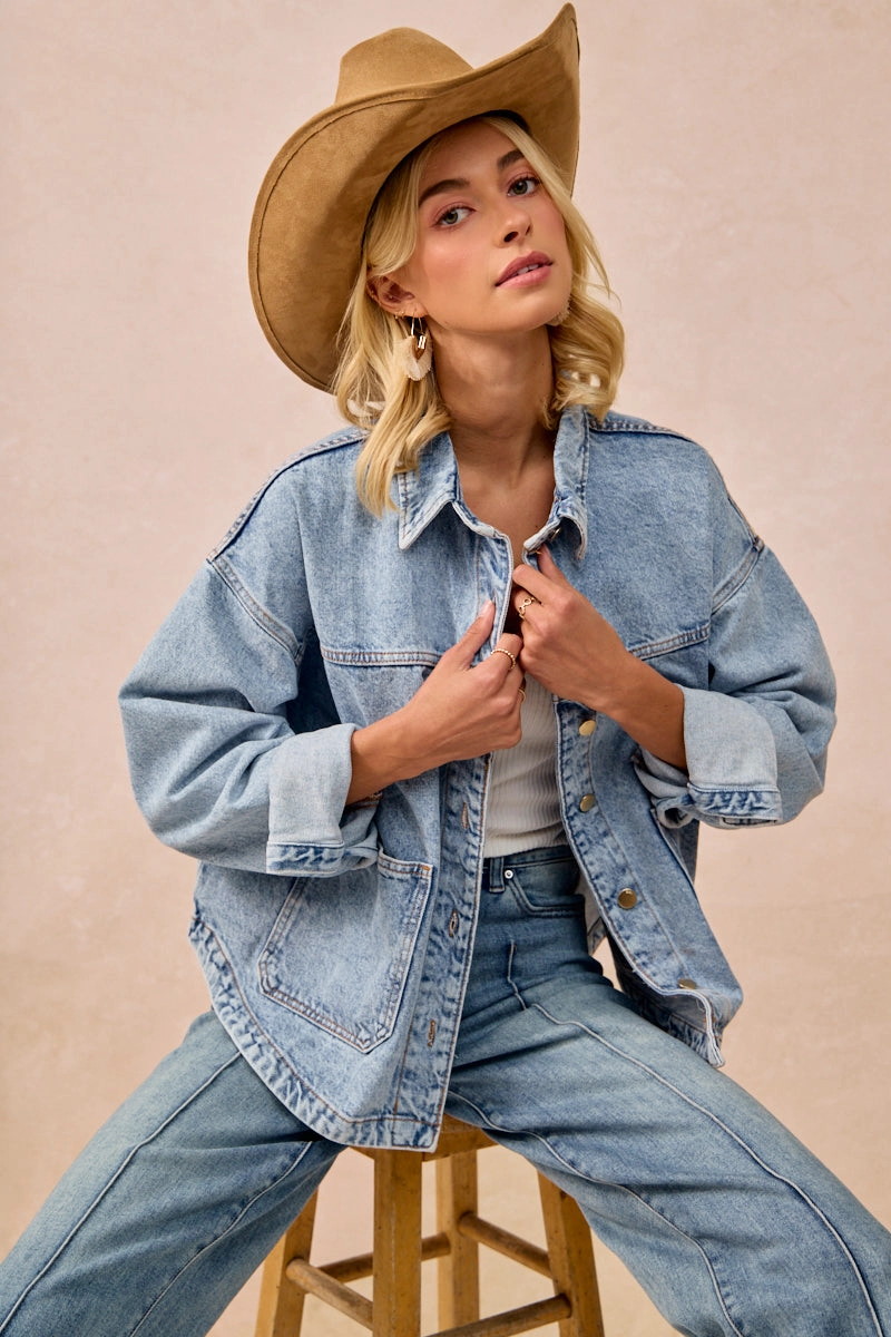 Office Wear Business Attire IT4447S-01 | WASHED DENIM JACKET WITH DOUBLE POCKET BACK PLEAT