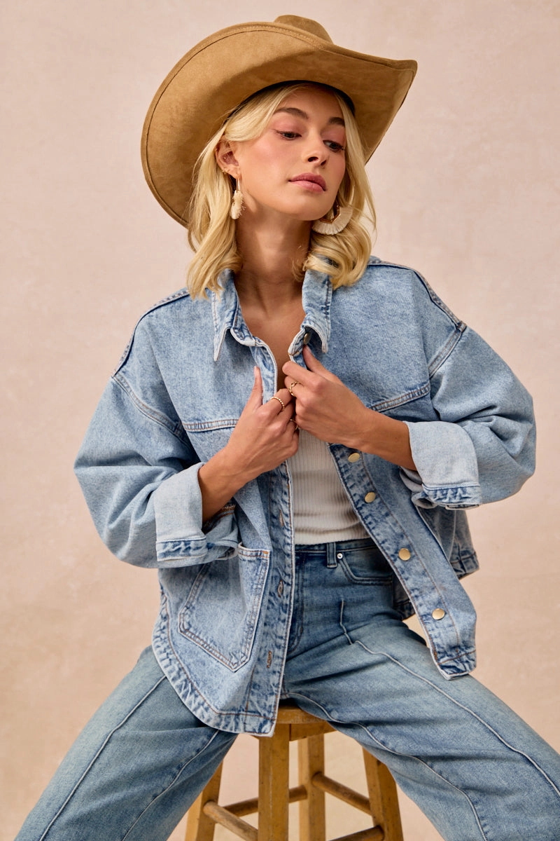 Stylish Chill Piece Lightweight Shell IT4447S-01 | WASHED DENIM JACKET WITH DOUBLE POCKET BACK PLEAT