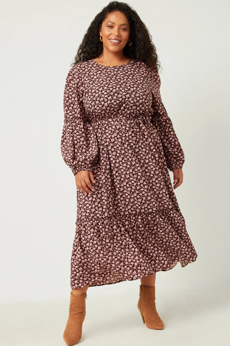 Floral Print Ruffled Balloon Sleeve Belted Midi Dress Glossy Fabric