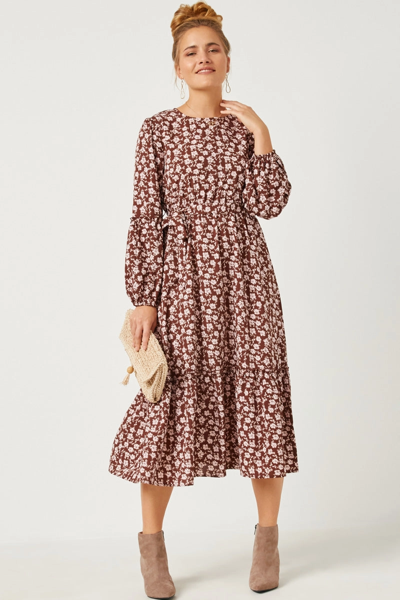 Halter neck Floral Print Ruffled Balloon Sleeve Belted Midi Dress