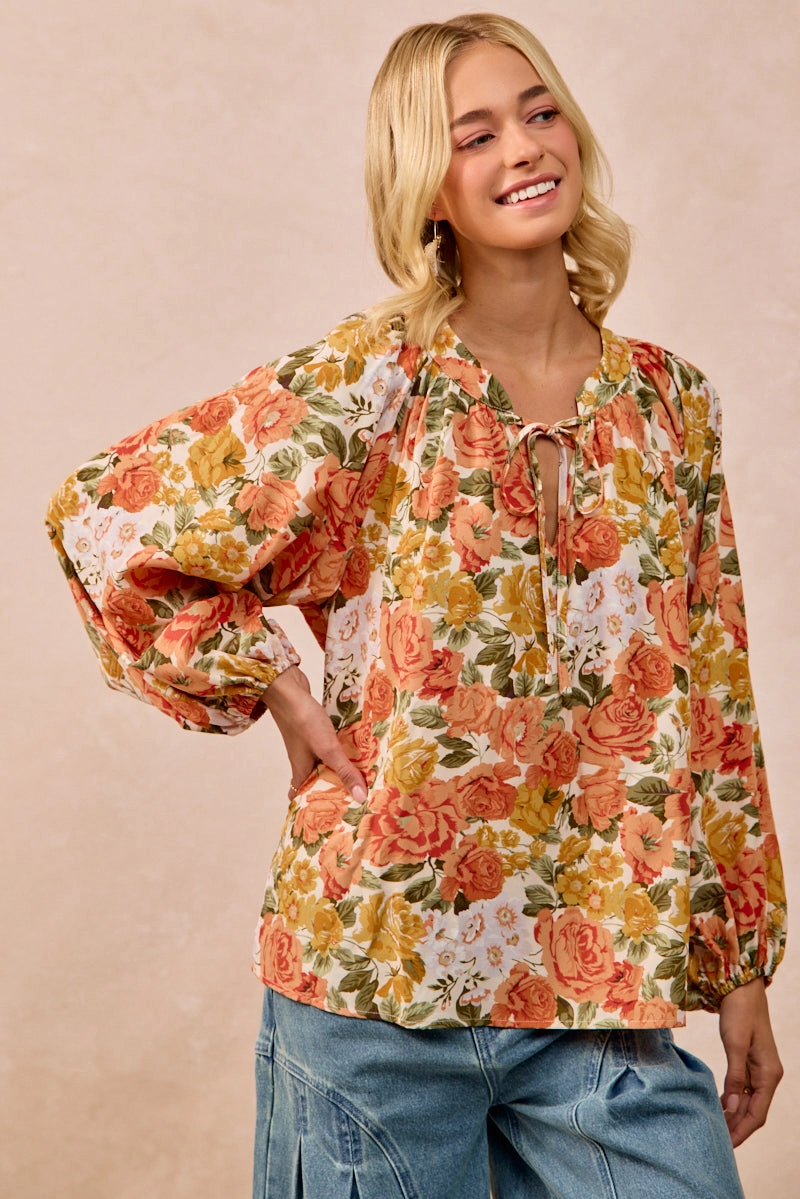 On The Go City Look IT4362G-09 | FLORAL PRINT BALLOON SLEEVES TOP WITH FRONT TIE