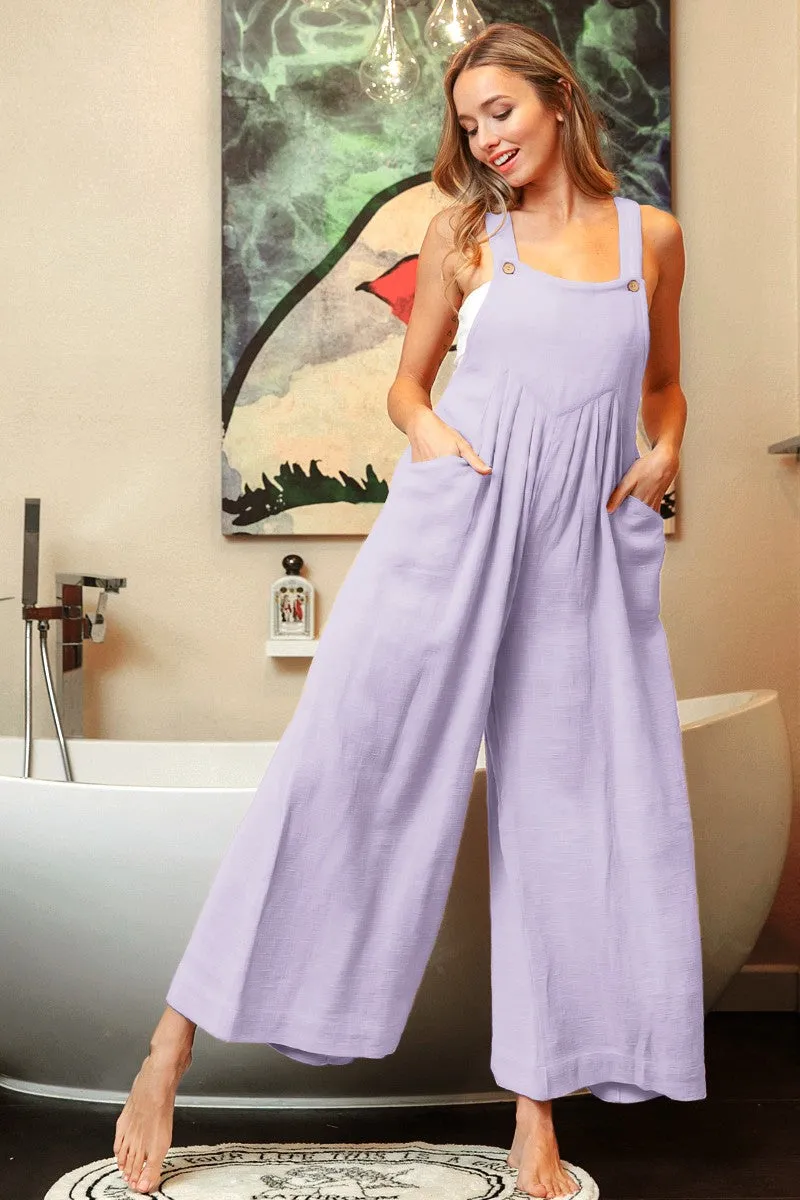 IB1206-01 | SIDE POCKETS GATHERED FRONT SLEEVELESS JUMPSUIT Versatile Wear Flowy legs