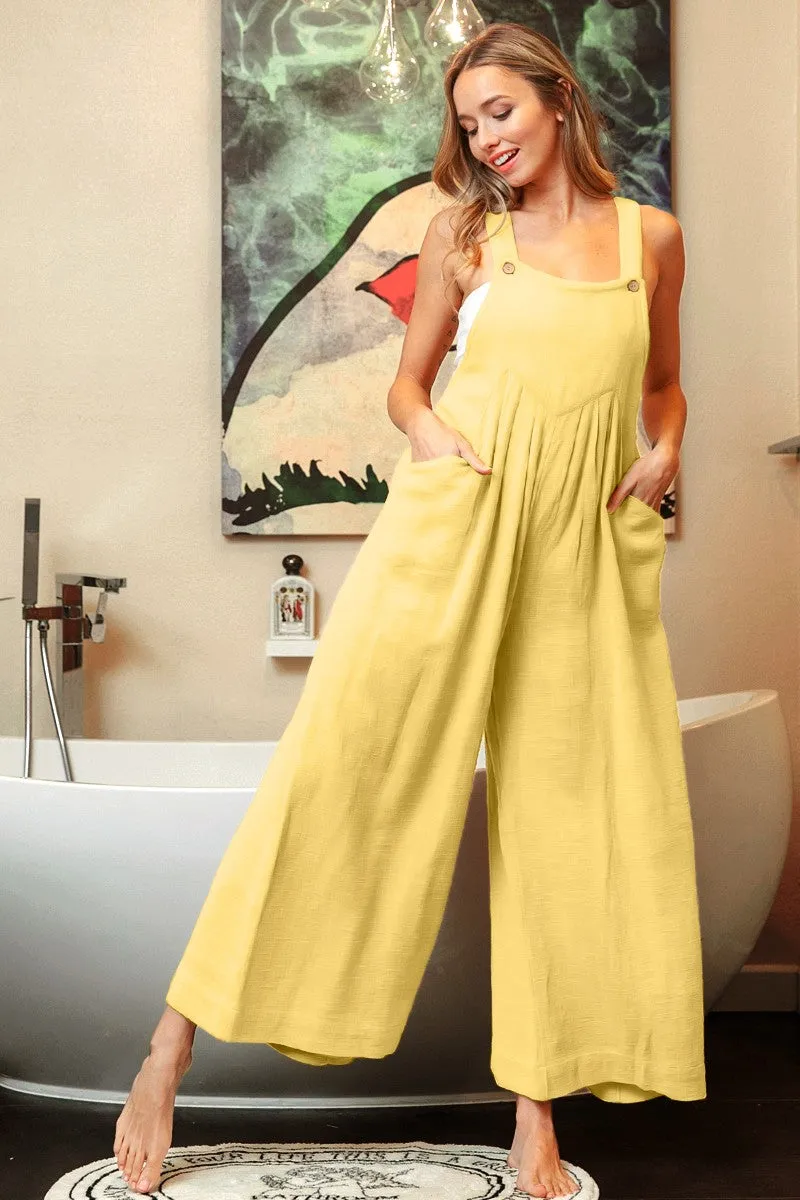 IB1206-01 | SIDE POCKETS GATHERED FRONT SLEEVELESS JUMPSUIT Casual Style Printed design