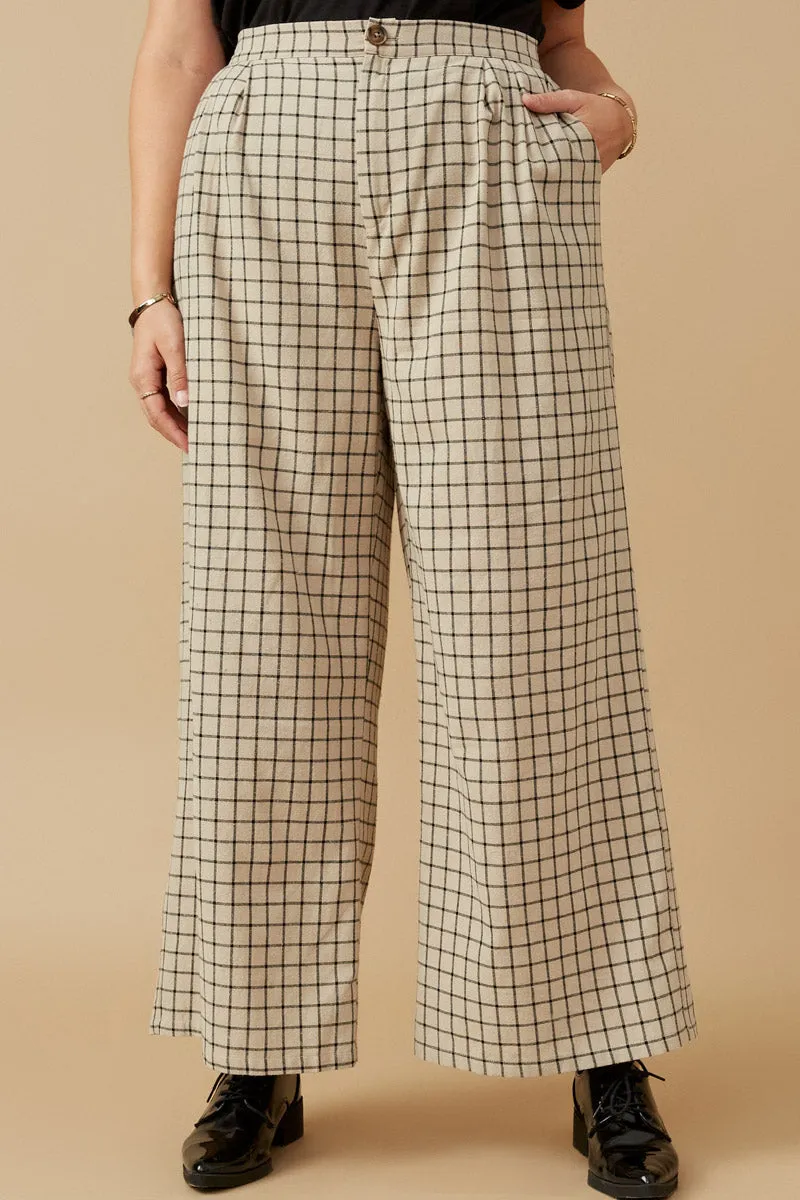 Textured Wide Leg Checkered Pants Stretchy Waist