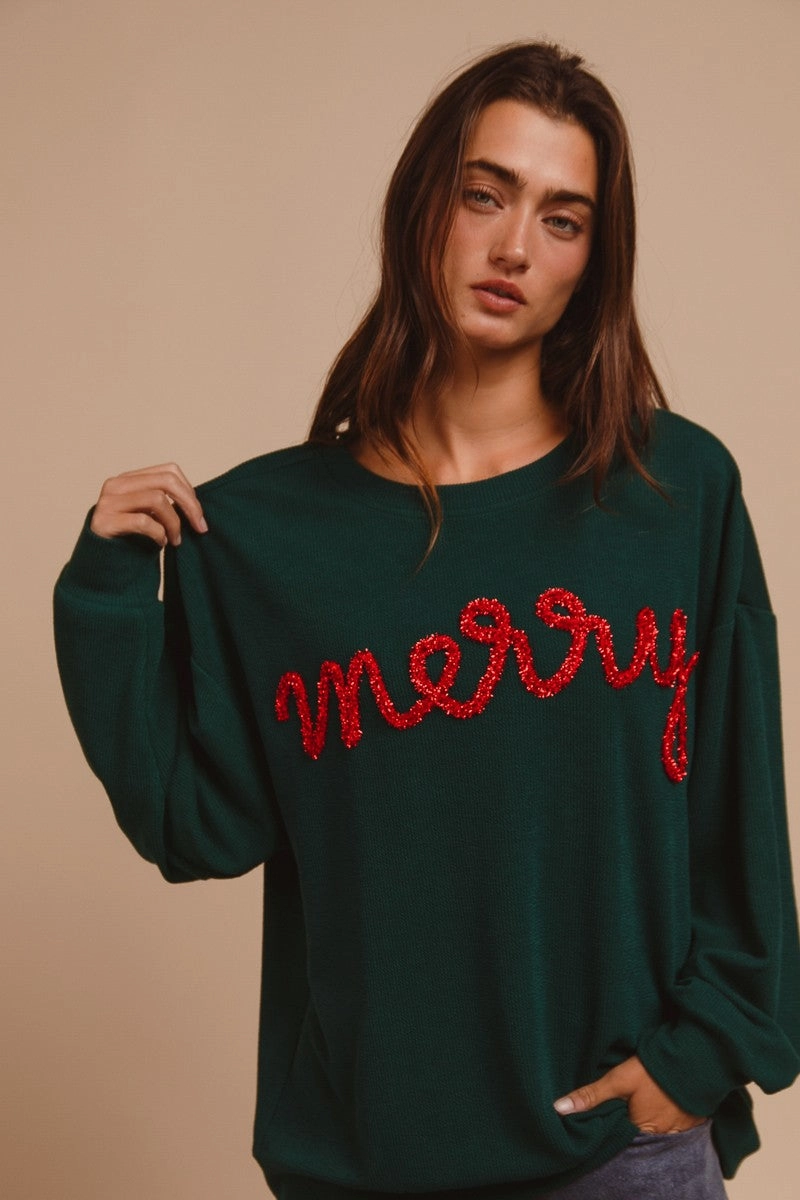 Modern Relaxed IP8232-44 | MERRY TINSEL LETTERING TWO TONE RIB PULLOVER