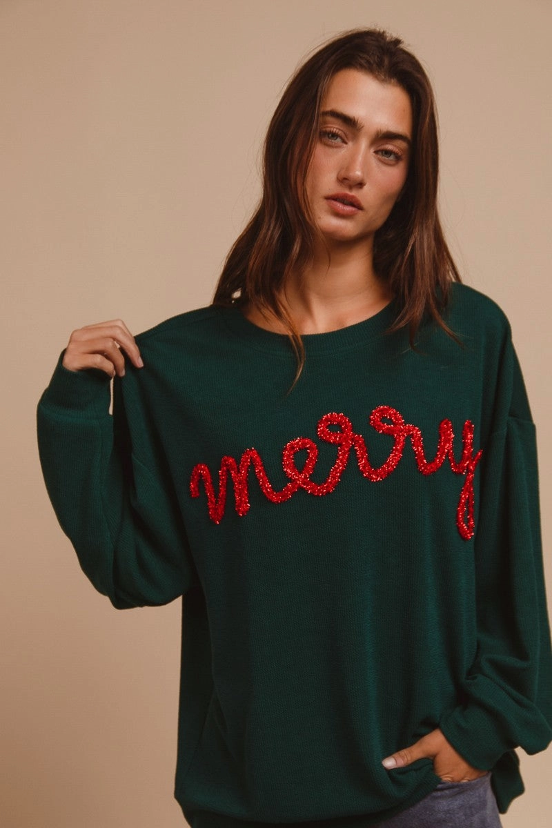 Sporty Touch IP8232-44 | MERRY TINSEL LETTERING TWO TONE RIB PULLOVER