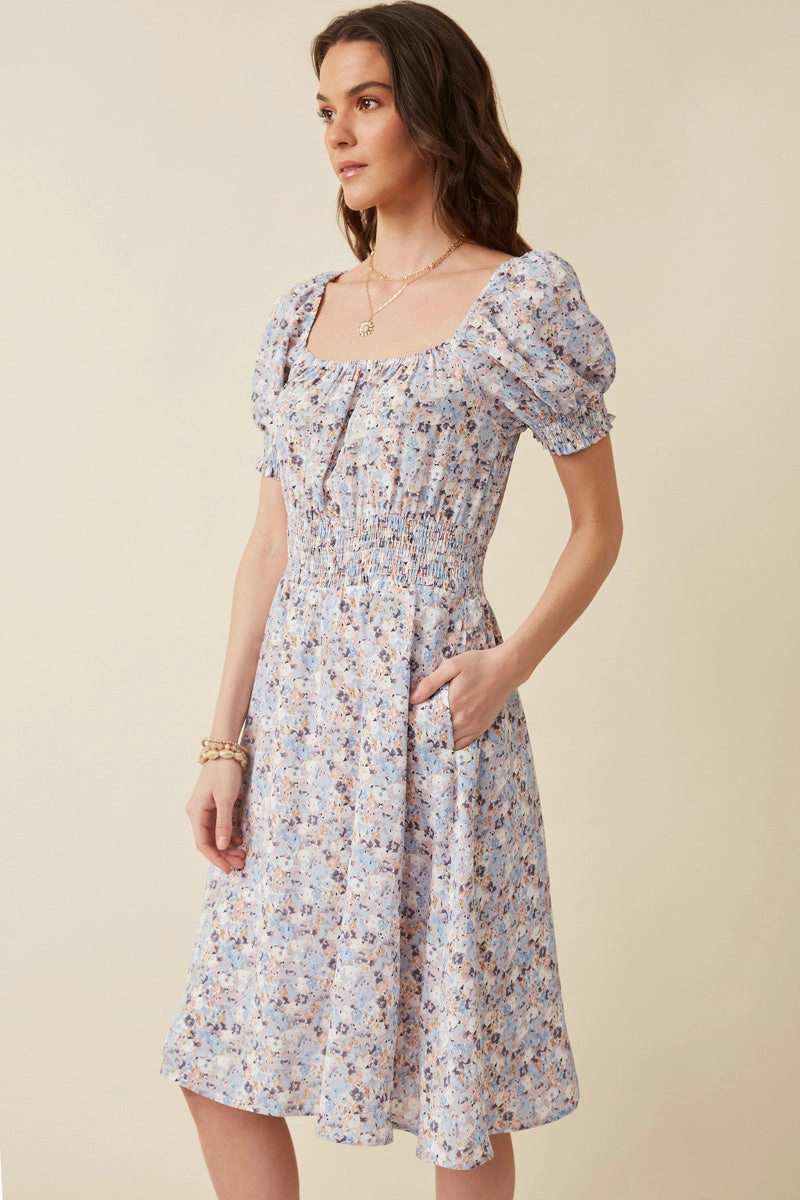 Floral Print Smock Detail Puff Sleeve Mini Dress Travel Edge Mood Glow