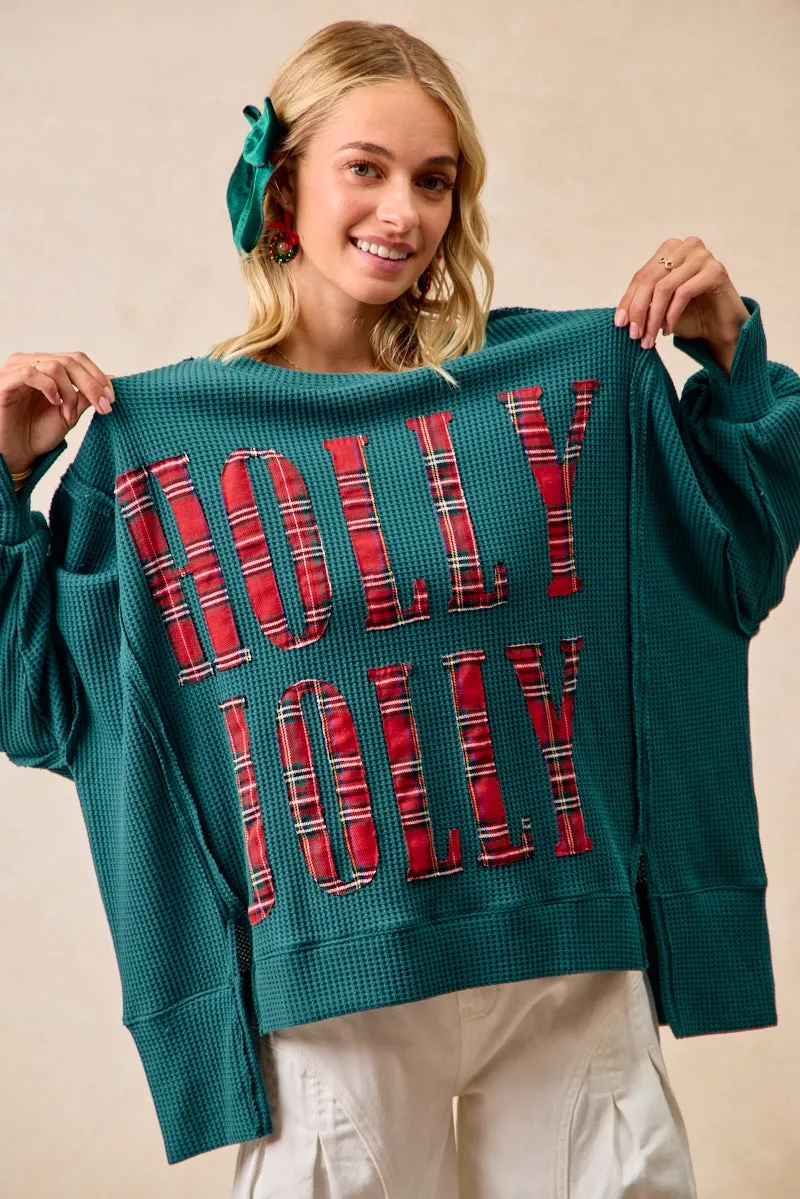 IT3426G-21P | CHRISTMAS PLAID HOLLY JOLLY LETTERING SWEATSHIRT Sophisticated Look Cozy Comfort