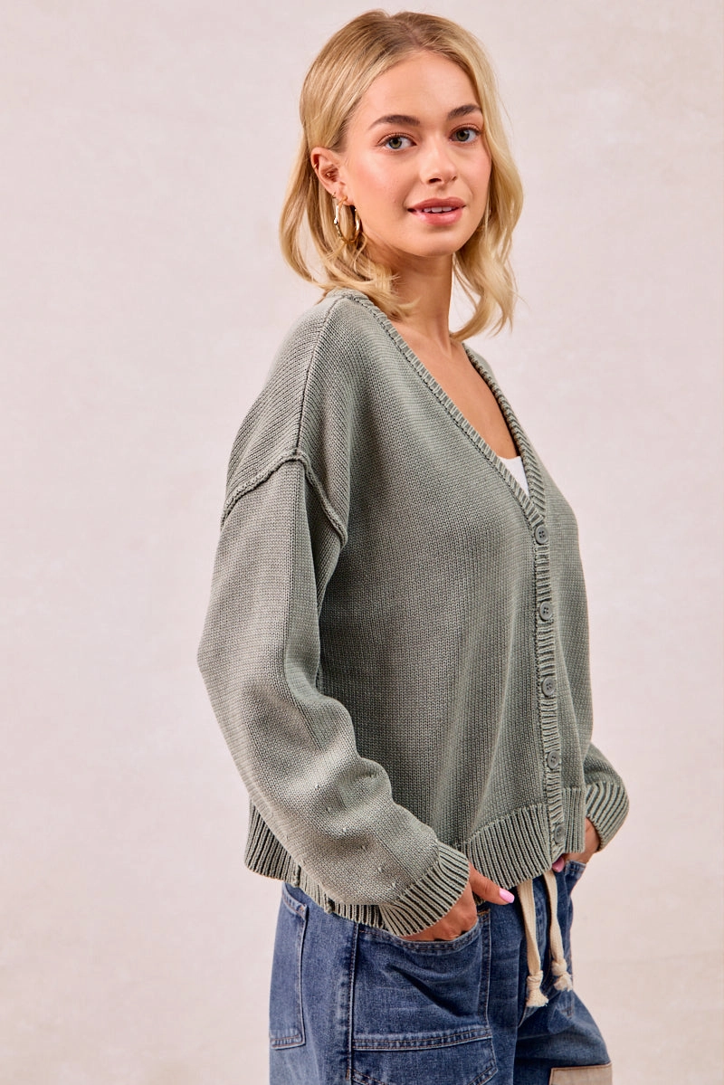 IT4509-01 | WASHED SWEATER V NECK CARDIGAN Sport Friendly Modern Waist
