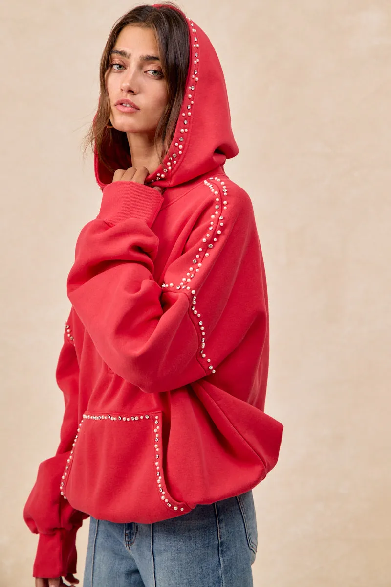 Versatile staple IP8347S-60 | BRUSHED TERRY HALF ZIP UP HOODIE TOP WITH JEWELED