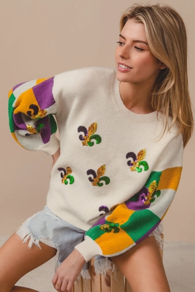 Chic Style All Season IT1249G-09 | SEQUIN EMBROIDERY MARDI GRAS CHECKER SWEATER TOP
