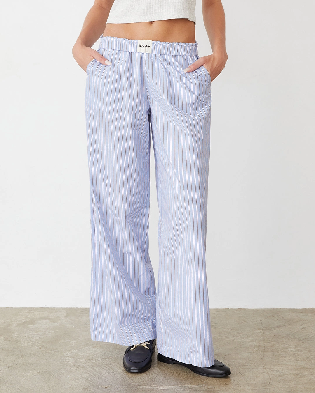 Trendy Waist Flared Legs Stripe Poplin Boxer Pants