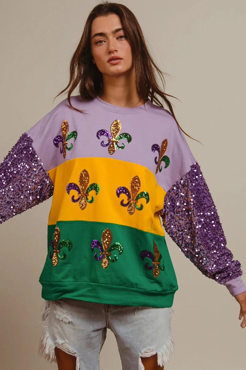 IT1508G-63 | SEQUIN MARDI GRAS COLOR BLOCK SWEATSHIRT Mid Length Subtle Design Detail