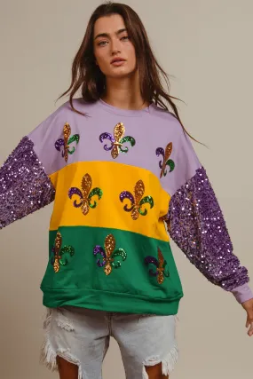 IT1508G-63 | SEQUIN MARDI GRAS COLOR BLOCK SWEATSHIRT Mid Length Subtle Design Detail