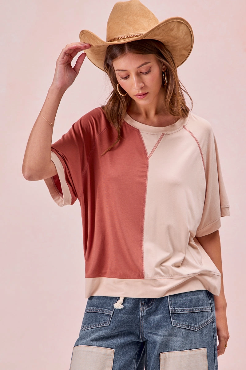 IT3659R-04 | MODAL JERSEY COLOR BLOCK SHORT SLEEVES TOP Lightweight Shell Stripe Look