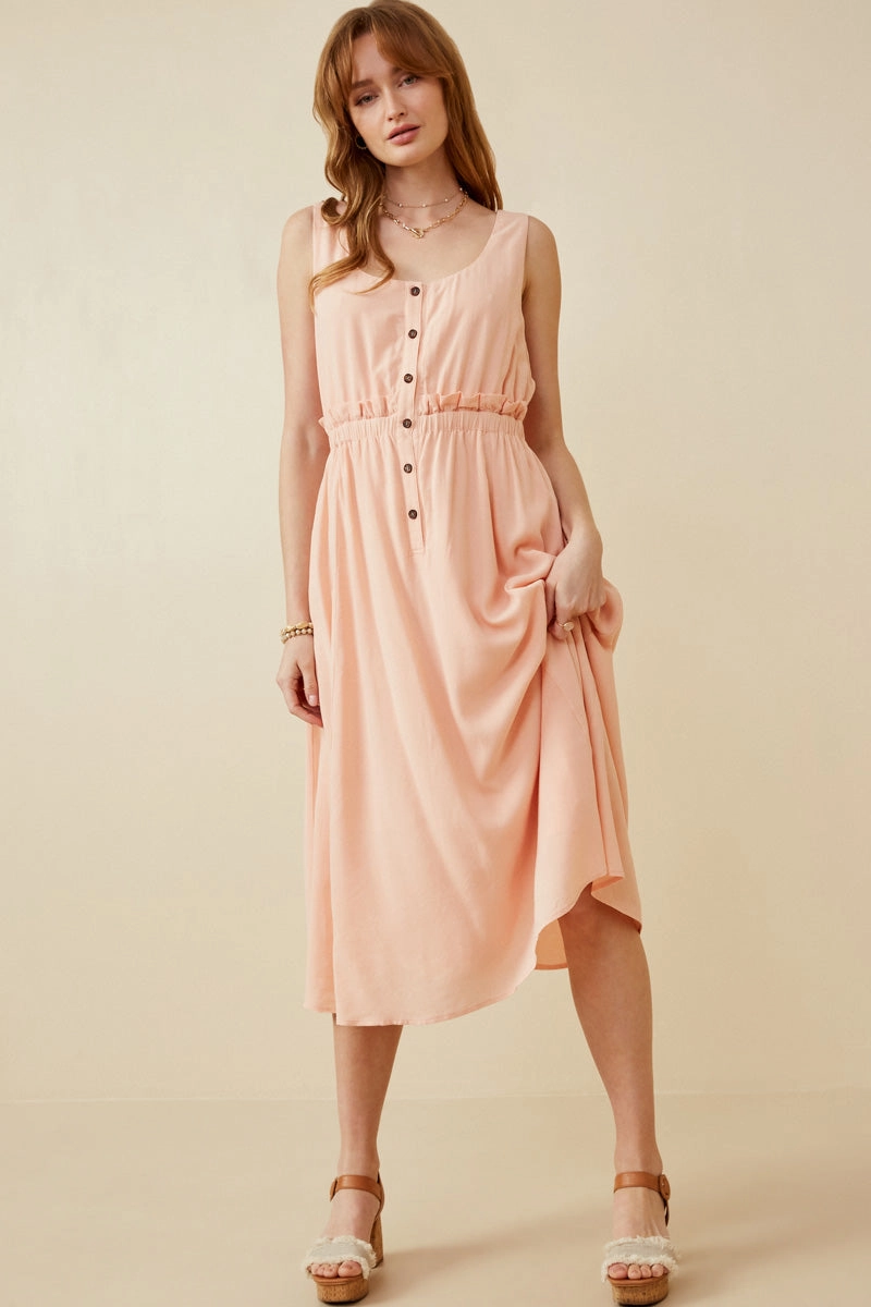 Minimal Tone Ruffle Waist Button Front Tank Dress