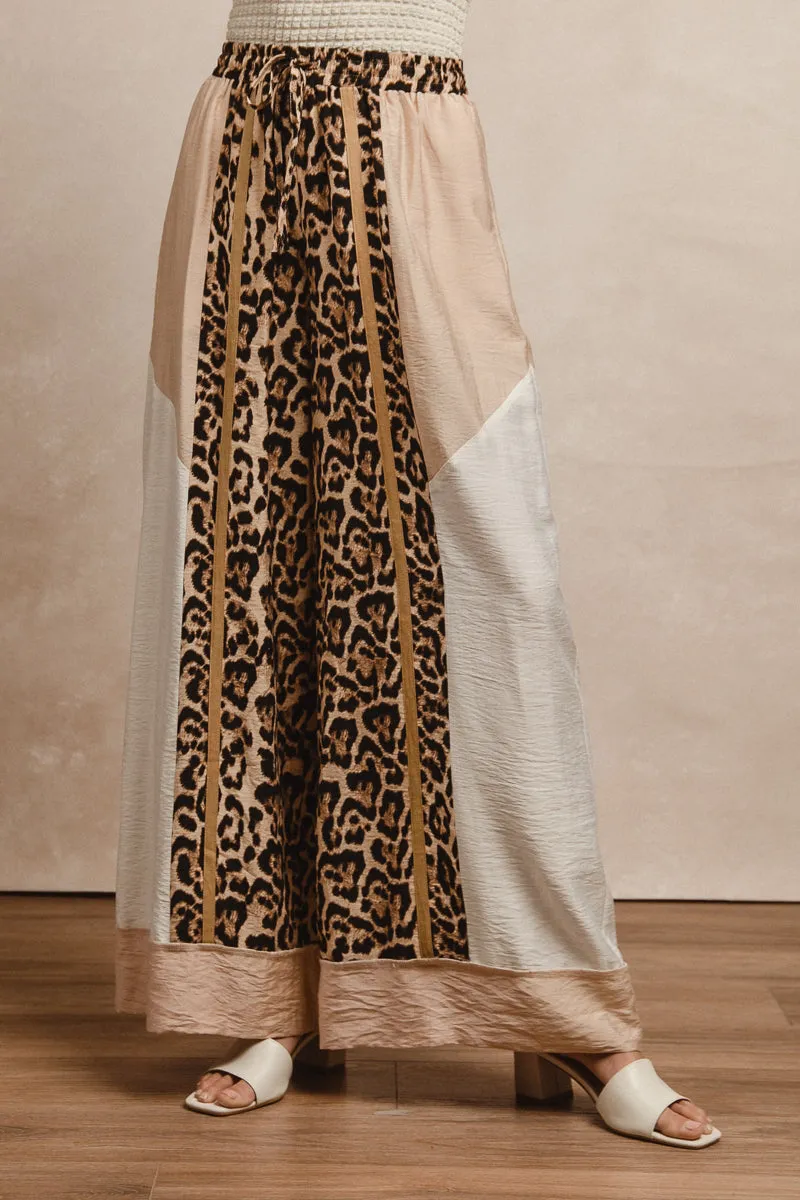 IB1689-03 | COLOR BLOCK LEOPARD PRINTS DRAWSTRING DETAIL WIDE PANTS Classy Fit Classic Look