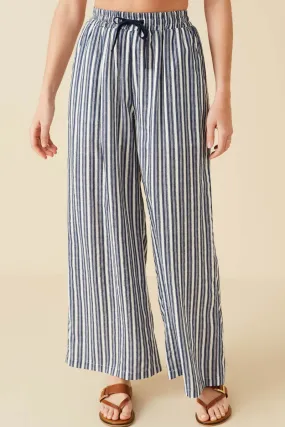 Textured Stripe Drawstring Wide Leg Pants Front High Rise Office Chic