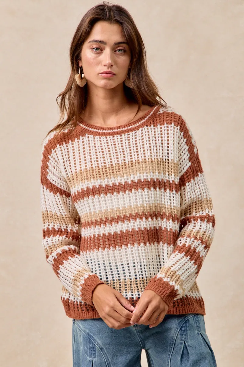 IT4490H-01 | STRIPED OPEN KNIT SWEATER WITH LONG SLEEVES Sleek Utility