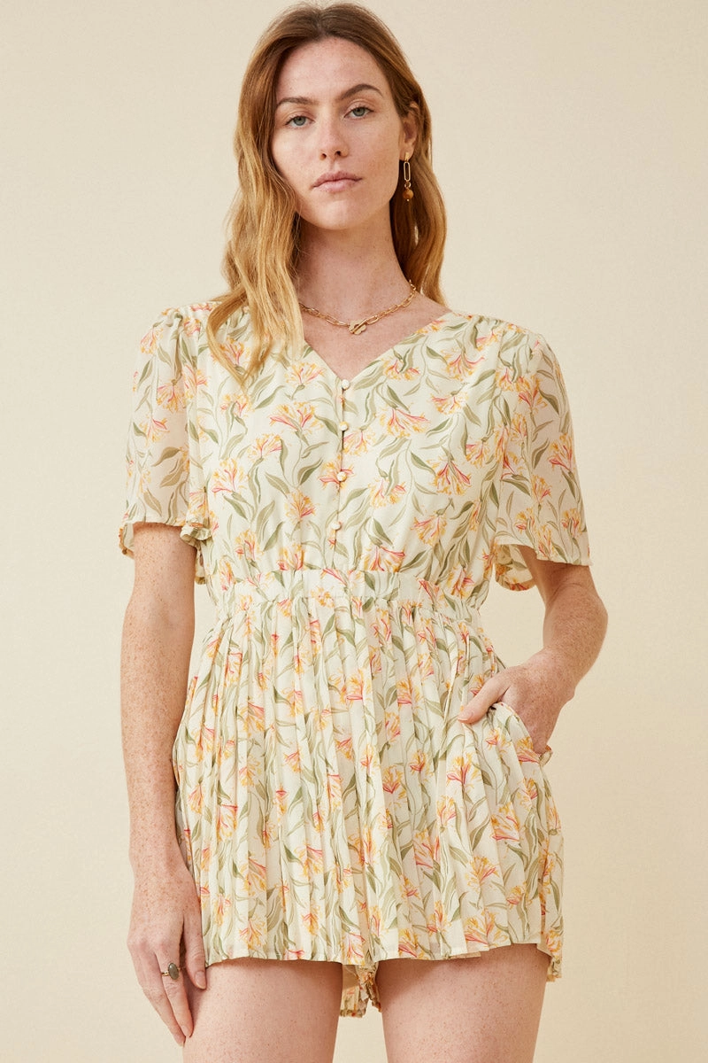 Floral Tie Back Pleated Leg Chiffon Romper Soft Tones