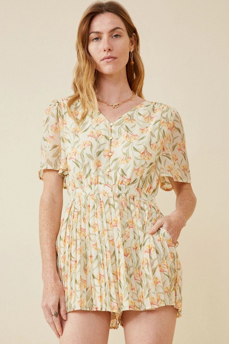 Floral Tie Back Pleated Leg Chiffon Romper Effortless Style