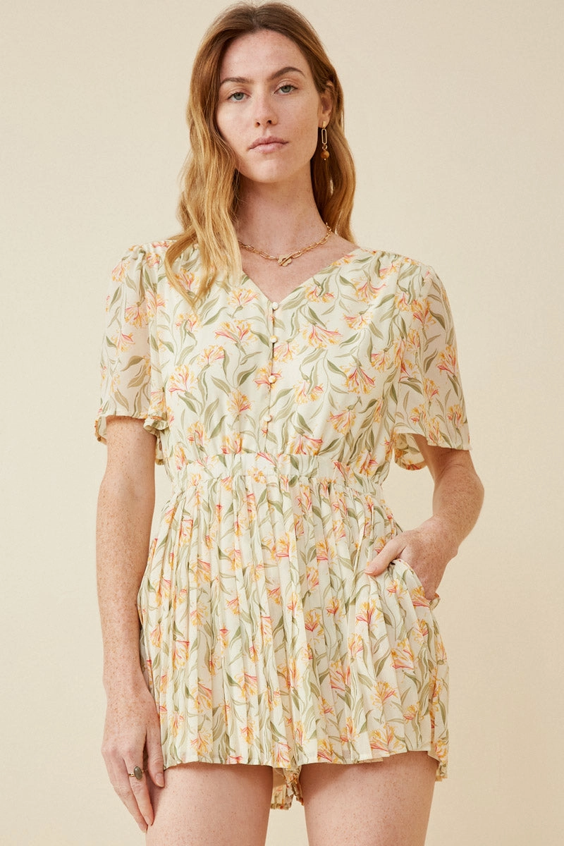 Floral Tie Back Pleated Leg Chiffon Romper Soft Hue Quilted-Lining