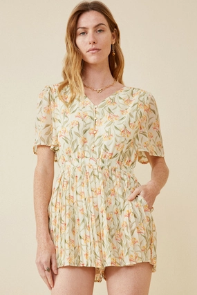Floral Tie Back Pleated Leg Chiffon Romper Effortless Style