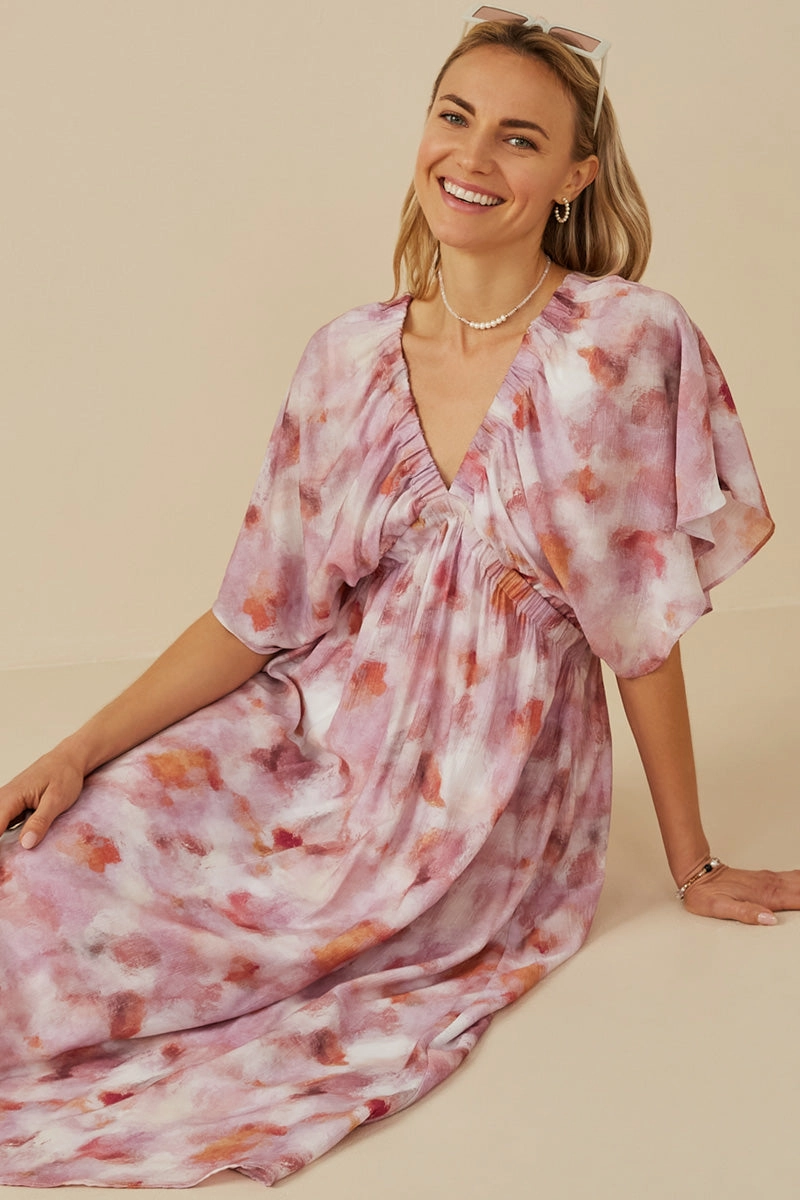 Multi Season flowy style Hazy Floral Elastic Detail Dress