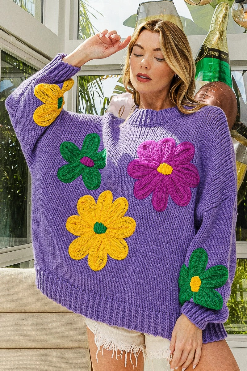 All Season Style IP8689-04 | MARDI GRAS COLORS FLOWERS EMBROIDERY SWEATER