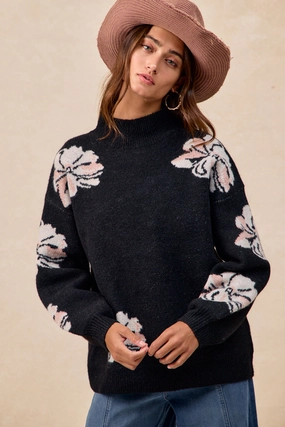 IT4802-01 | FLOWER ARTWORK SWEATER TOP WITH MOCKNECK DETAIL Minimalist fit-and-flare Peplum-Style