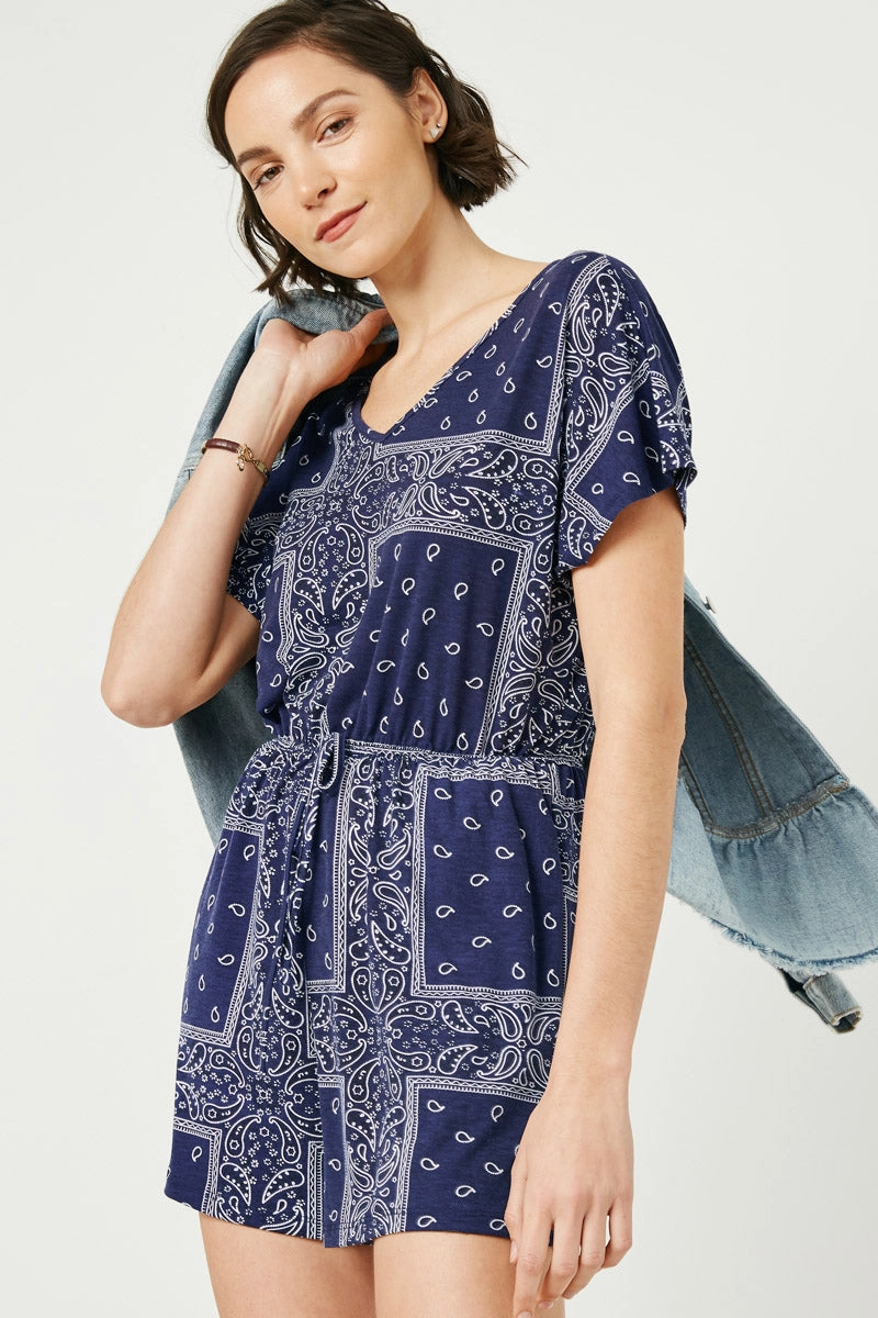 Subtle Elegance Bandana Print Pocket Knit Romper