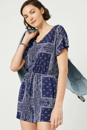 Bandana Print Pocket Knit Romper Silky Finish Fashion Daily