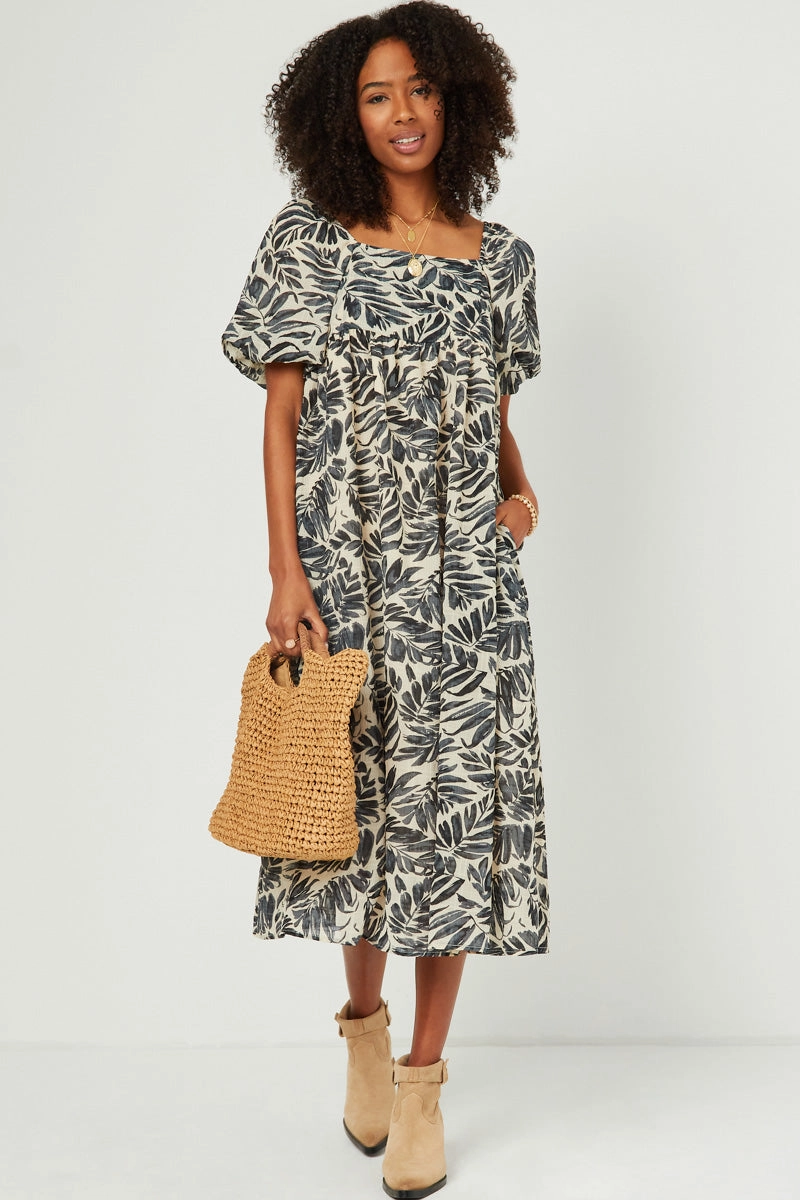 Puff Sleeve Botanical Print Square Neck Maxi Dress Autumn Ready