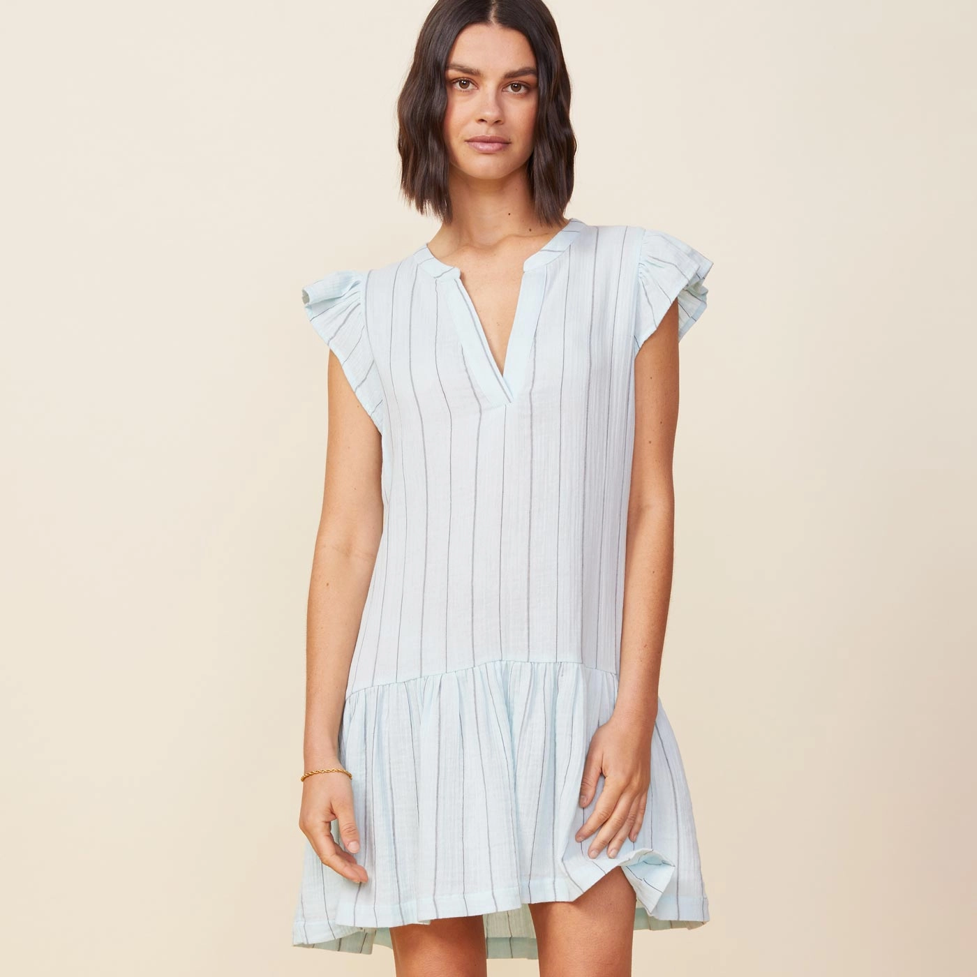 Pinstripe Gauze Easy Ruffle Dress Modern Traveler
