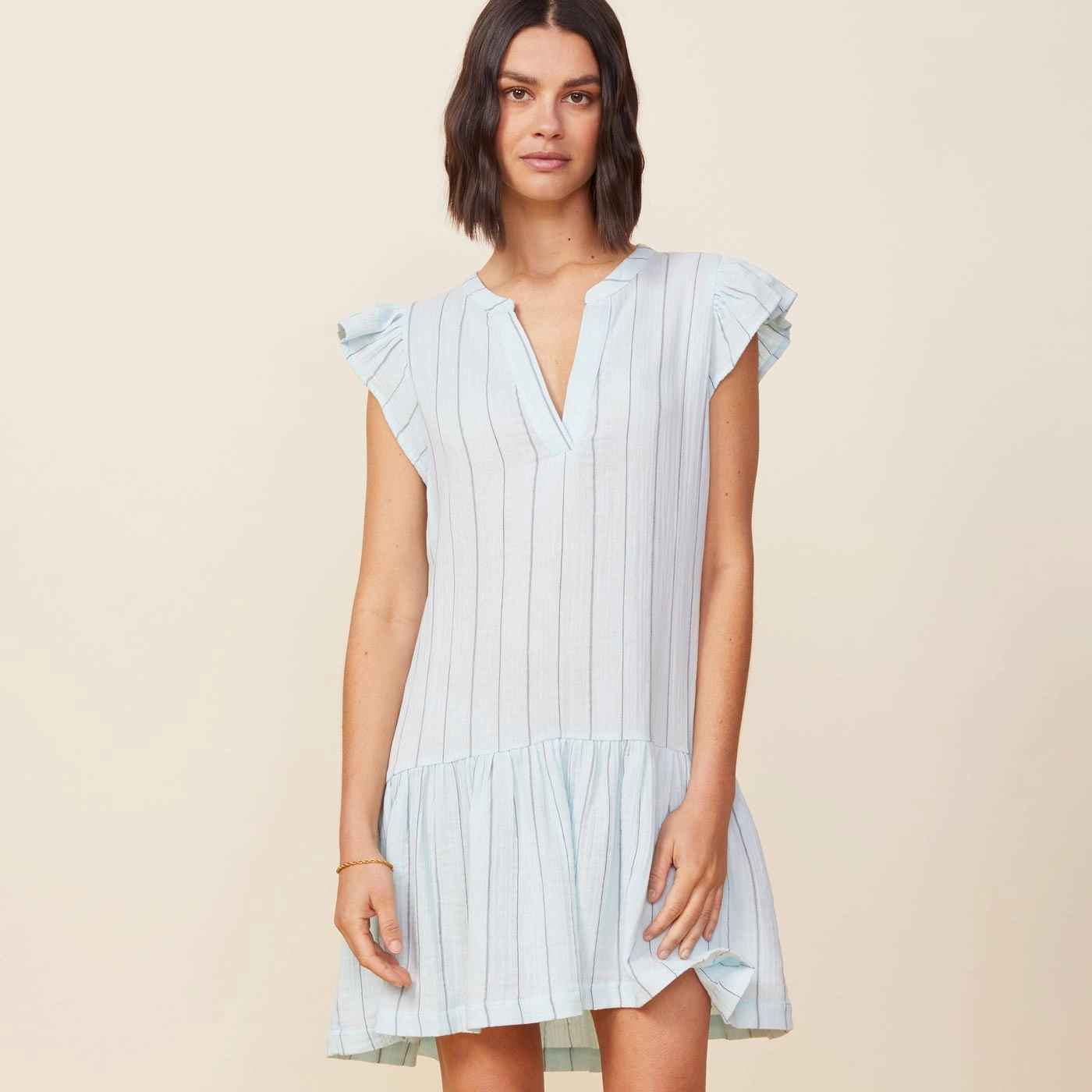 Pinstripe Gauze Easy Ruffle Dress Elegant Outdoor Luxury Work