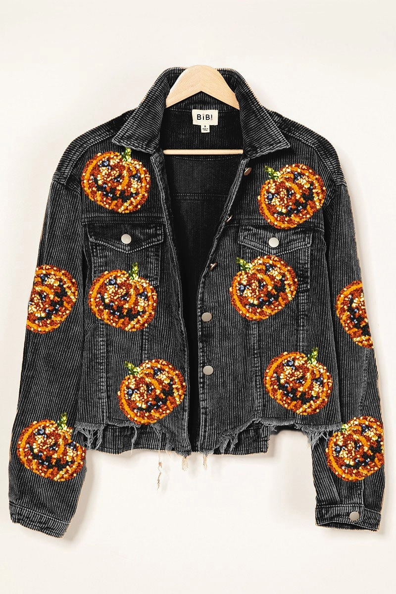 IP6187J-17 | PUMPKIN SEQUIN EMBROIDERY WASHED CORDUROY JACKET Wind Chill Protection
